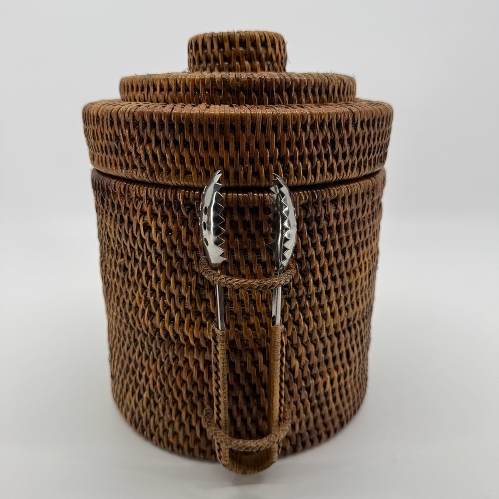 Vtg Woven Rattan Ice Bucket Lidded Insulated Barware Tongs Mid Century Tiki Boho